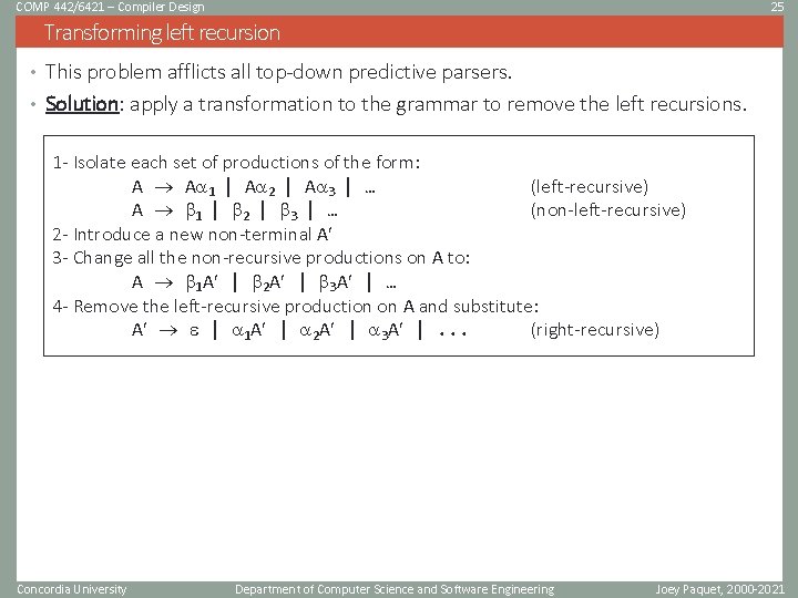 COMP 442/6421 – Compiler Design 25 Transforming left recursion • This problem afflicts all