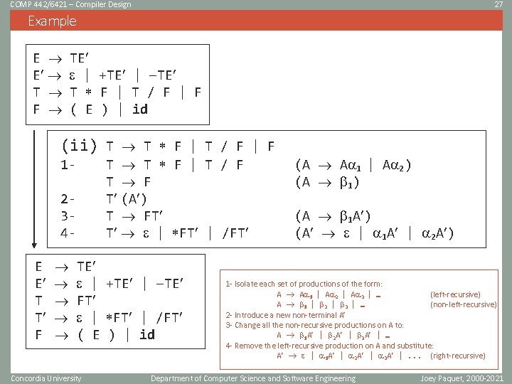 COMP 442/6421 – Compiler Design 27 Example E E T F TE | +TE