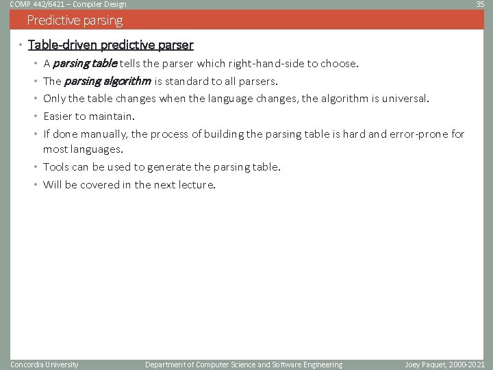 COMP 442/6421 – Compiler Design 35 Predictive parsing • Table-driven predictive parser • A
