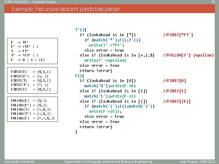 COMP 442/6421 – Compiler Design 40 Example: Recursive descent predictive parser E E’ T