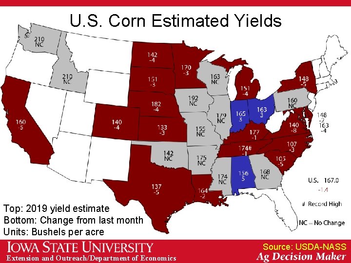 U. S. Corn Estimated Yields Top: 2019 yield estimate Bottom: Change from last month