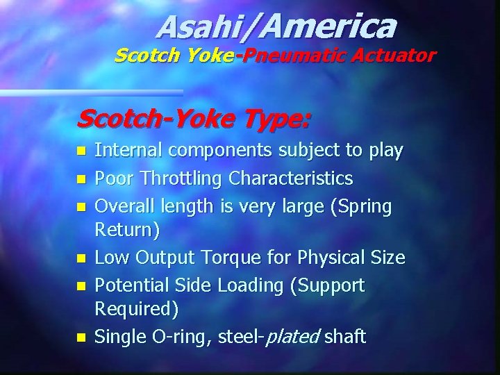 Asahi/America Scotch Yoke-Pneumatic Actuator Scotch-Yoke Type: n n n Internal components subject to play