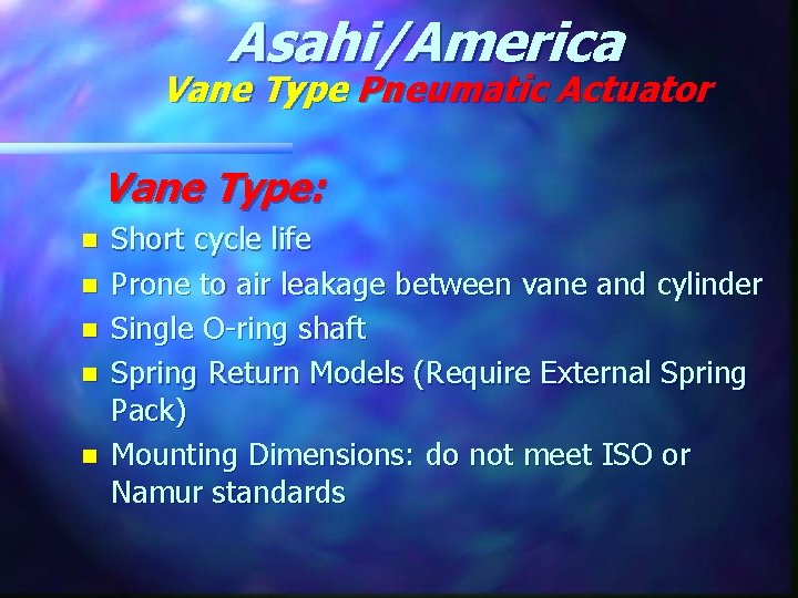 Asahi/America Vane Type Pneumatic Actuator Vane Type: n n n Short cycle life Prone