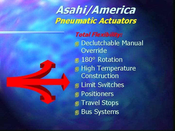 Asahi/America Pneumatic Actuators Total Flexibility: Declutchable Manual Override 4 180° Rotation 4 High Temperature