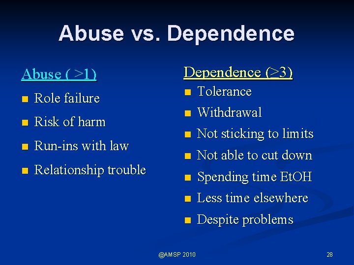 Abuse vs. Dependence Abuse ( ≥ 1) n n Role failure Risk of harm