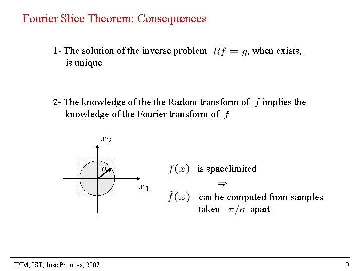 Fourier Slice Theorem: Consequences 1 - The solution of the inverse problem is unique