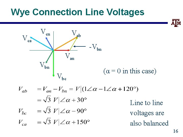 Wye Connection Line Voltages Vca Vcn Vab -Vbn Van Vbc (α = 0 in