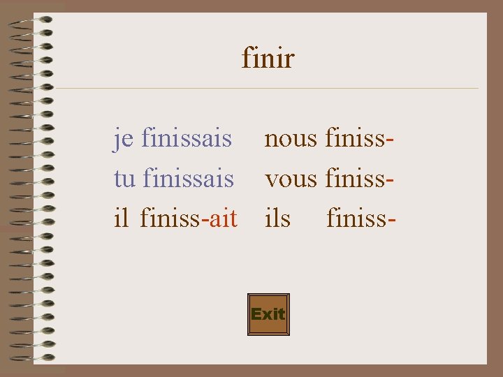 finir je finissais nous finisstu finissais vous finissil finiss-ait ils finiss. Exit 