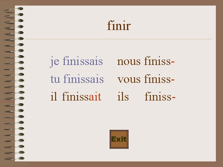 finir je finissais tu finissais il finissait nous finissvous finissils finiss. Exit 