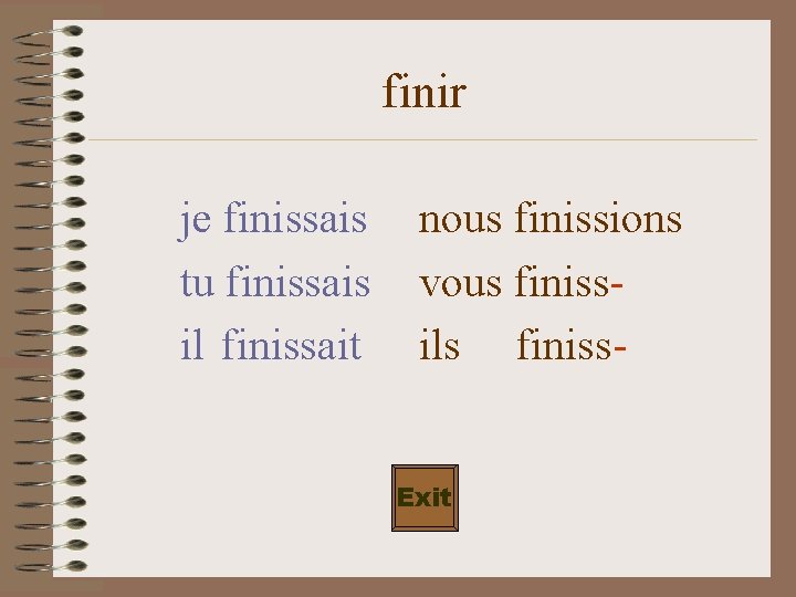 finir je finissais tu finissais il finissait nous finissions vous finissils finiss. Exit 