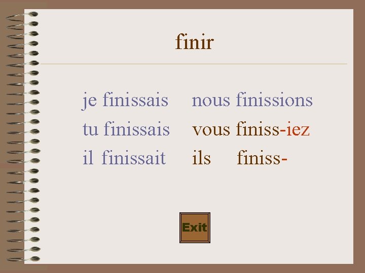 finir je finissais tu finissais il finissait nous finissions vous finiss-iez ils finiss. Exit