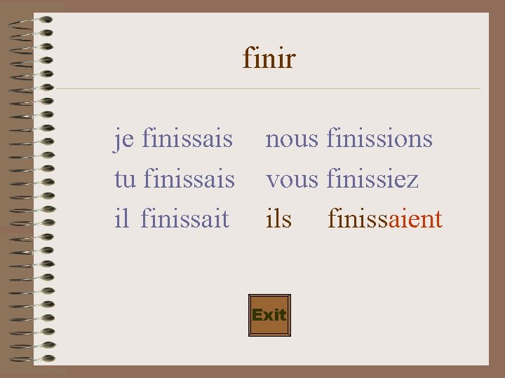 finir je finissais tu finissais il finissait nous finissions vous finissiez ils finissaient Exit