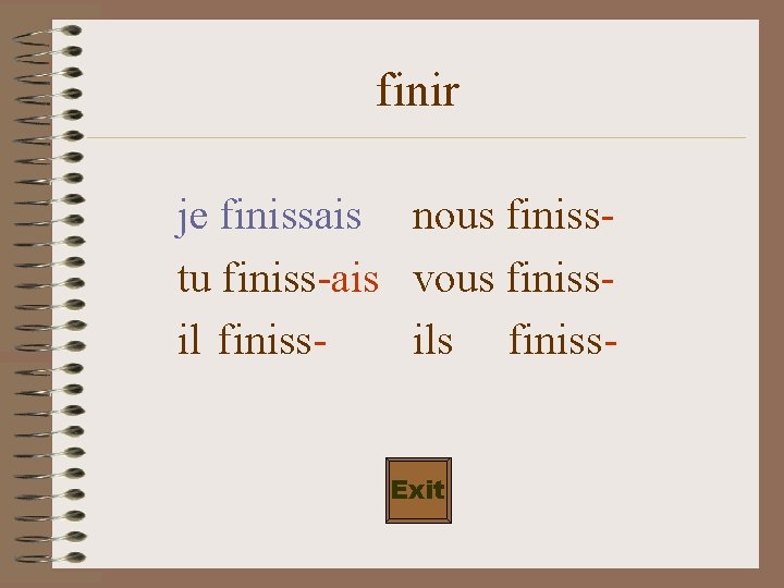 finir je finissais nous finisstu finiss-ais vous finissils finiss. Exit 