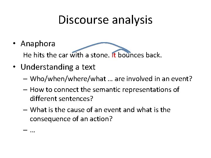 Discourse analysis • Anaphora He hits the car with a stone. It bounces back.