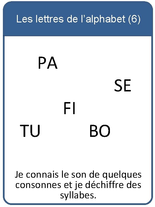 Les lettres de l’alphabet (6) PA TU FI SE BO Je connais le son