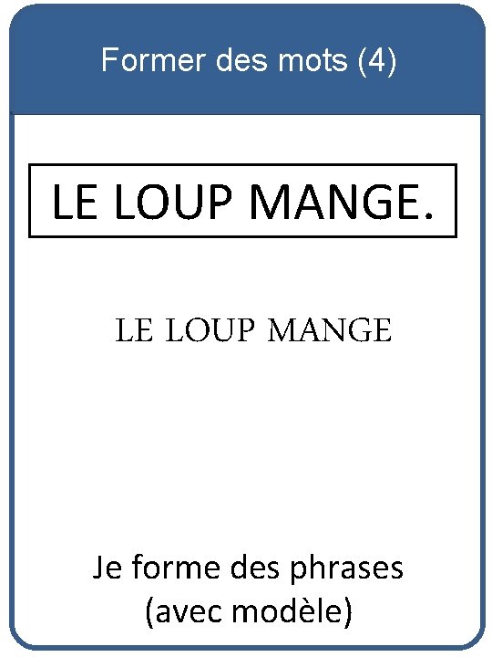 Former des mots (4) LE LOUP MANGE Je forme des phrases (avec modèle) 