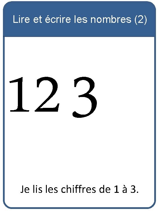 Lire et écrire les nombres (2) 12 3 Je lis les chiffres de 1