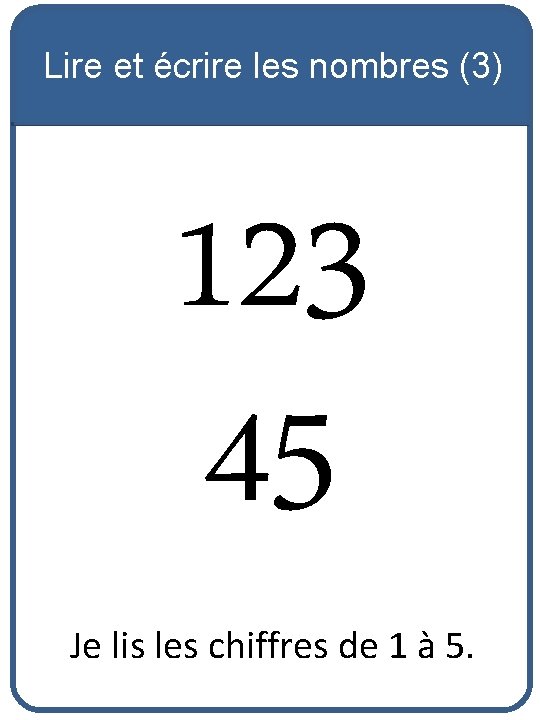 Lire et écrire les nombres (3) 123 45 Je lis les chiffres de 1