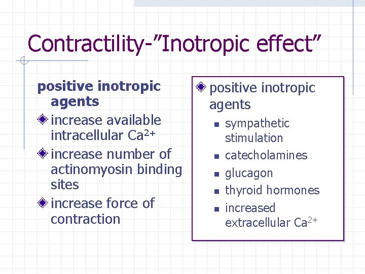 Contractility-”Inotropic effect” positive inotropic agents increase available intracellular Ca 2+ increase number of actinomyosin