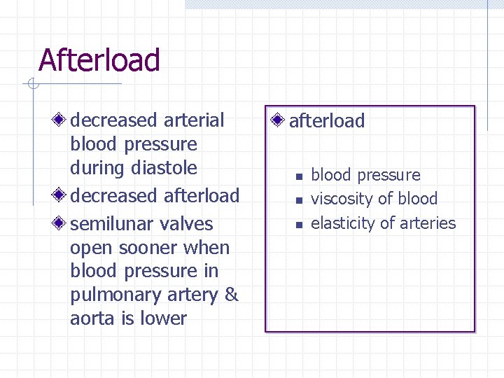 Afterload decreased arterial blood pressure during diastole decreased afterload semilunar valves open sooner when