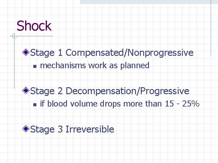 Shock Stage 1 Compensated/Nonprogressive n mechanisms work as planned Stage 2 Decompensation/Progressive n if