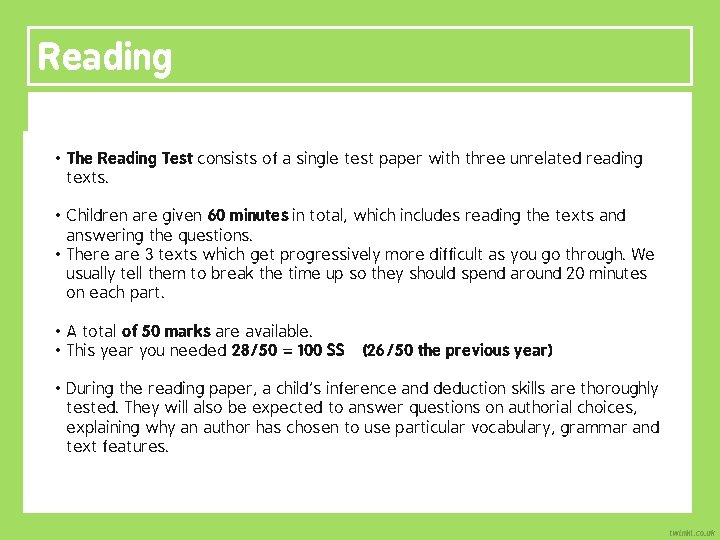 Reading • The Reading Test consists of a single test paper with three unrelated