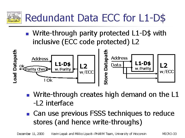 Redundant Data ECC for L 1 -D$ Write-through parity protected L 1 -D$ with