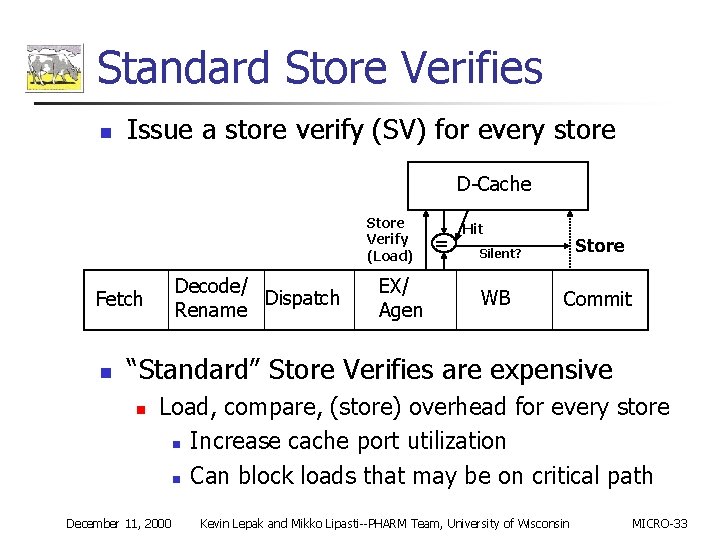 Standard Store Verifies n Issue a store verify (SV) for every store D-Cache Store