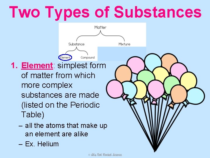 Two Types of Substances 1. Element: simplest form of matter from which more complex