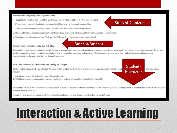 Student-Content Student-Student. Instructor Interaction & Active Learning 