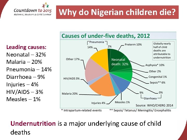 Why do Nigerian children die? Leading causes: Neonatal – 32% Malaria – 20% Pneumonia