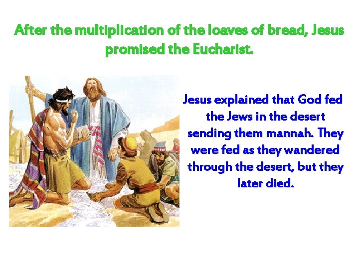 After the multiplication of the loaves of bread, Jesus promised the Eucharist. Jesus explained