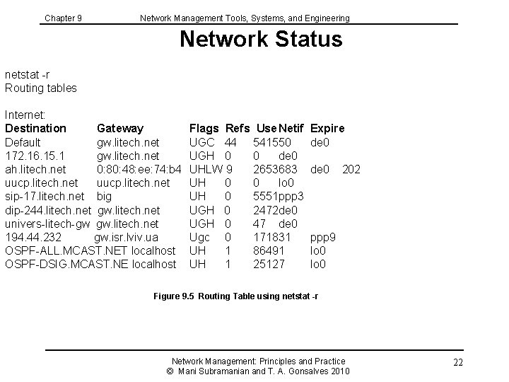 Chapter 9 Network Management Tools, Systems, and Engineering Network Status netstat -r Routing tables