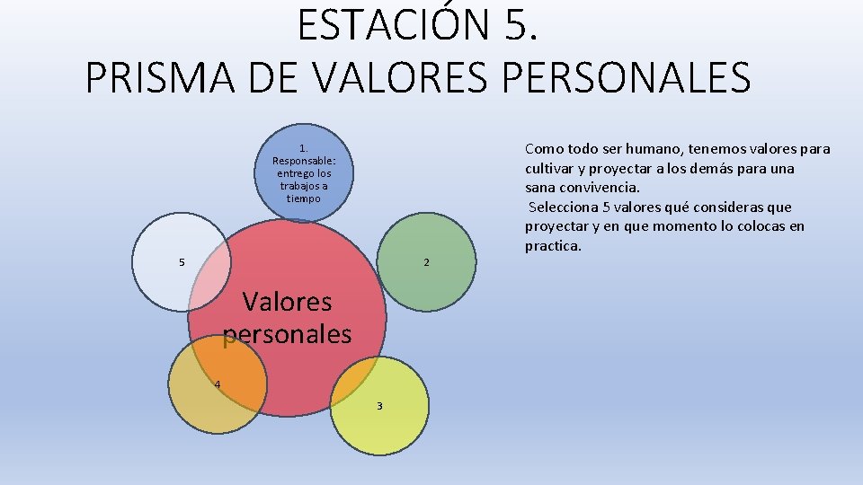 ESTACIÓN 5. PRISMA DE VALORES PERSONALES 1. Responsable: entrego los trabajos a tiempo 5