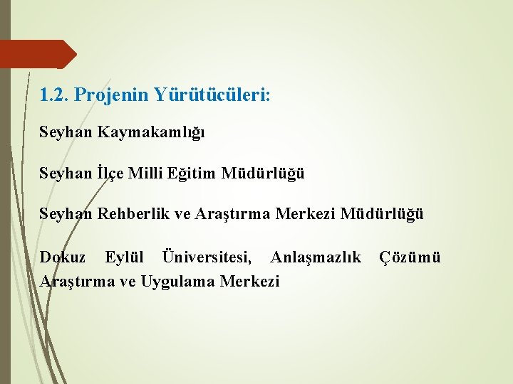 1. 2. Projenin Yürütücüleri: Seyhan Kaymakamlığı Seyhan İlçe Milli Eğitim Müdürlüğü Seyhan Rehberlik ve