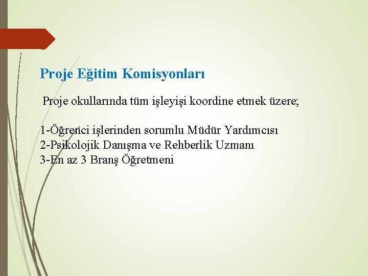 Proje Eğitim Komisyonları Proje okullarında tüm işleyişi koordine etmek üzere; 1 -Öğrenci işlerinden sorumlu