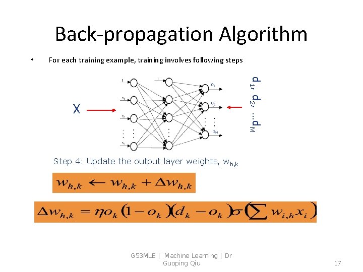 Back-propagation Algorithm • For each training example, training involves following steps d 1, d