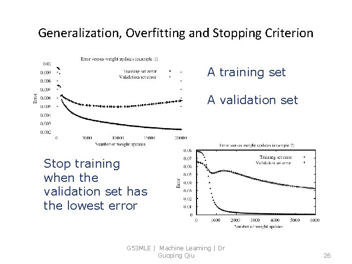 Generalization, Overfitting and Stopping Criterion A training set A validation set Stop training when