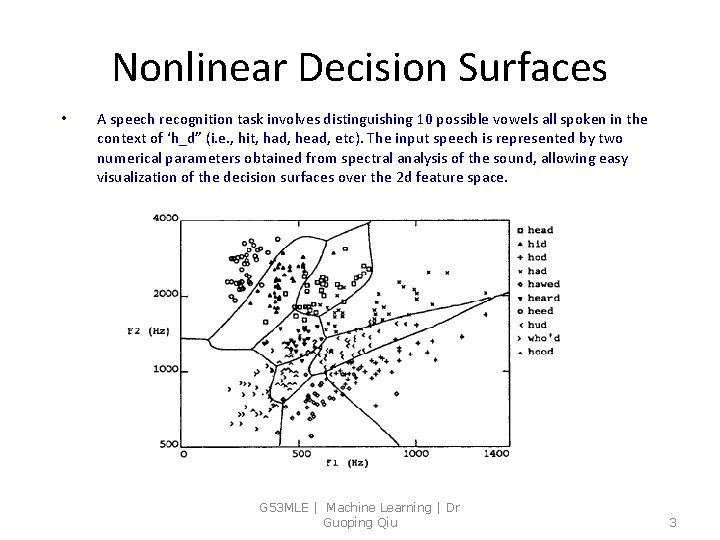Nonlinear Decision Surfaces • A speech recognition task involves distinguishing 10 possible vowels all
