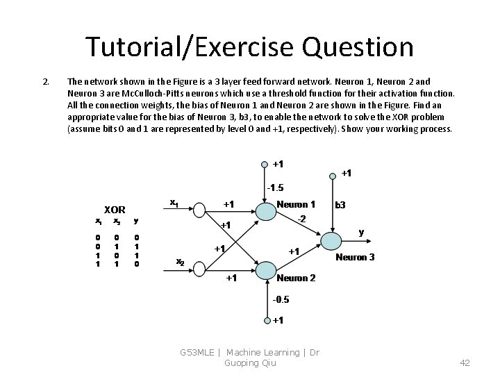 Tutorial/Exercise Question 2. The network shown in the Figure is a 3 layer feed