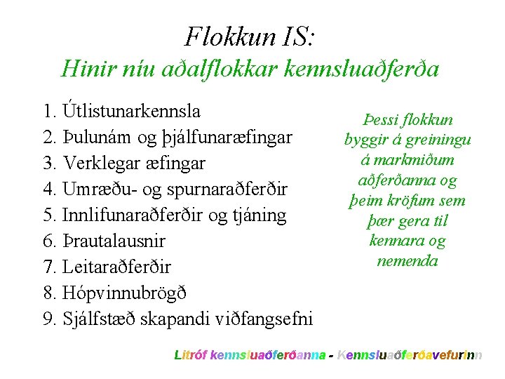 Flokkun IS: Hinir níu aðalflokkar kennsluaðferða 1. Útlistunarkennsla 2. Þulunám og þjálfunaræfingar 3. Verklegar