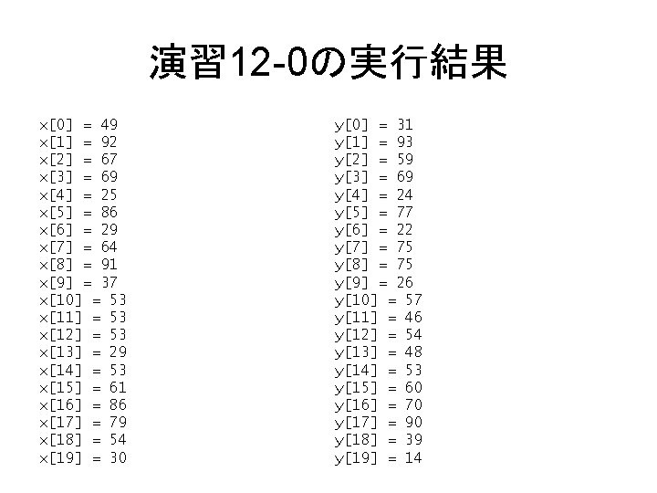 演習 12 -0の実行結果 x[0] = 49 x[1] = 92 x[2] = 67 x[3] =