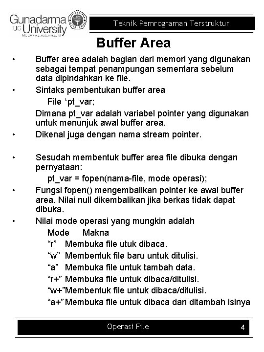 Teknik Pemrograman Terstruktur Buffer Area • • • Buffer area adalah bagian dari memori