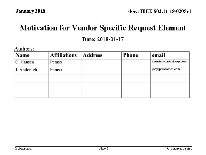 January 2018 doc. : IEEE 802. 11 -18/0205 r 1 Motivation for Vendor Specific