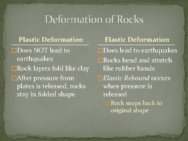 Deformation of Rocks Plastic Deformation �Does NOT lead to earthquakes �Rock layers fold like