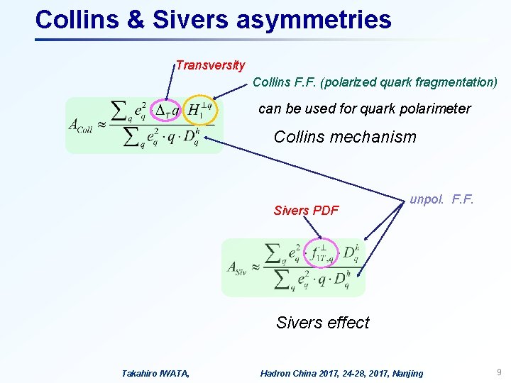 Collins & Sivers asymmetries Transversity Collins F. F. (polarized quark fragmentation) can be used