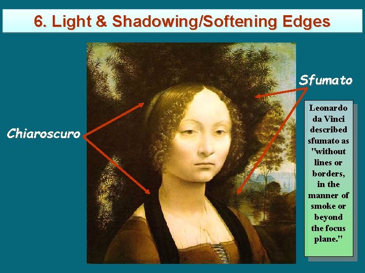 6. Light & Shadowing/Softening Edges Sfumato Chiaroscuro Leonardo da Vinci described sfumato as "without 6. Light & Shadowing/Softening Edges Sfumato Chiaroscuro Leonardo da Vinci described sfumato as "without