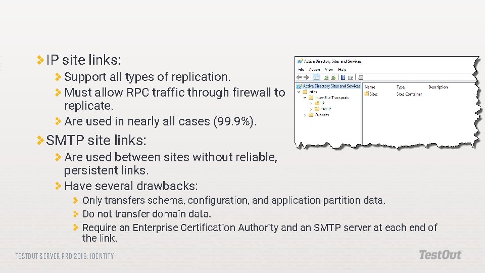 IP site links: Support all types of replication. Must allow RPC traffic through firewall