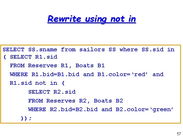 Rewrite using not in SELECT SS. sname from sailors SS where SS. sid in