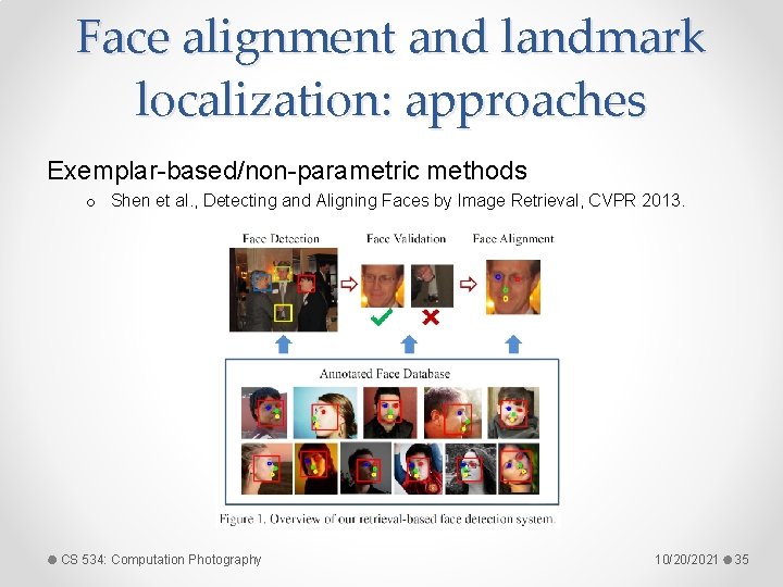 Face alignment and landmark localization: approaches Exemplar-based/non-parametric methods o Shen et al. , Detecting